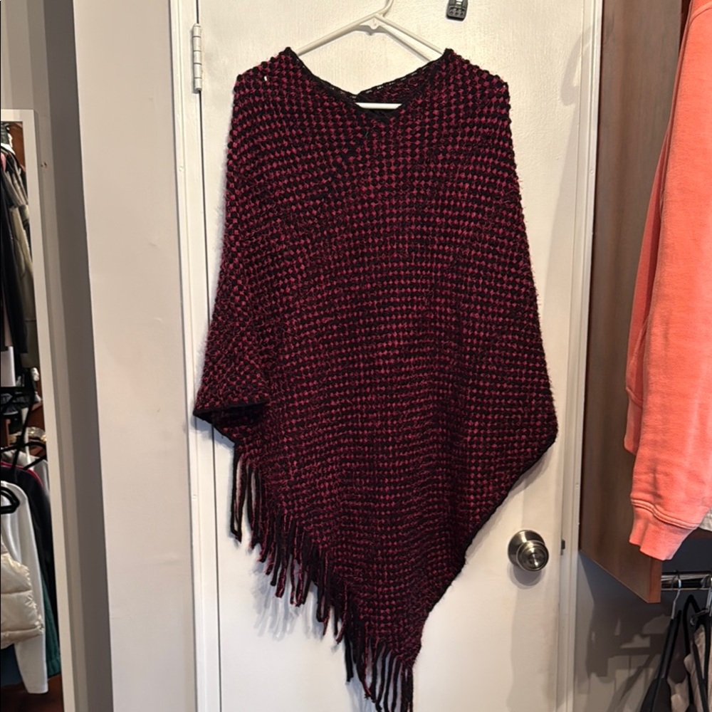 Women's Black and Magenta  Knit Poncho Sweater